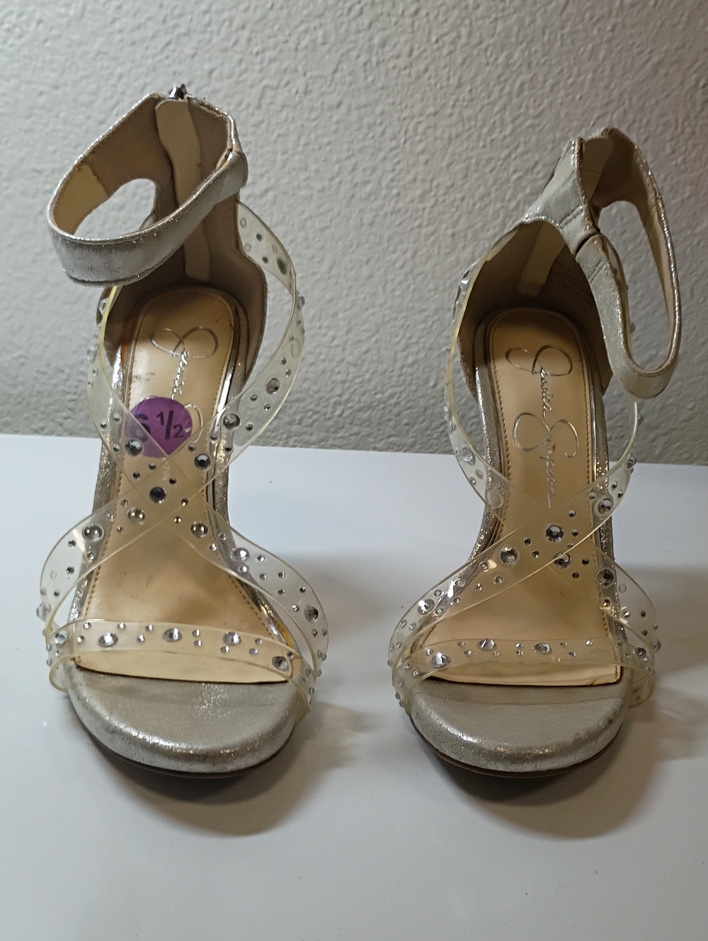 Jessica Simpson Clear Crystal Strappy Heels with Silver Footbed